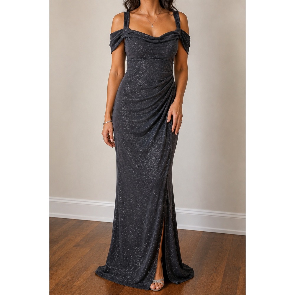 Alex Evenings Celestial Metallic Mesh Evening Gown 4 Ruched Empire Waist Glam